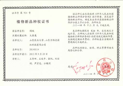 我公司成功申报海州常山“绢绒”“红星”新品种专利